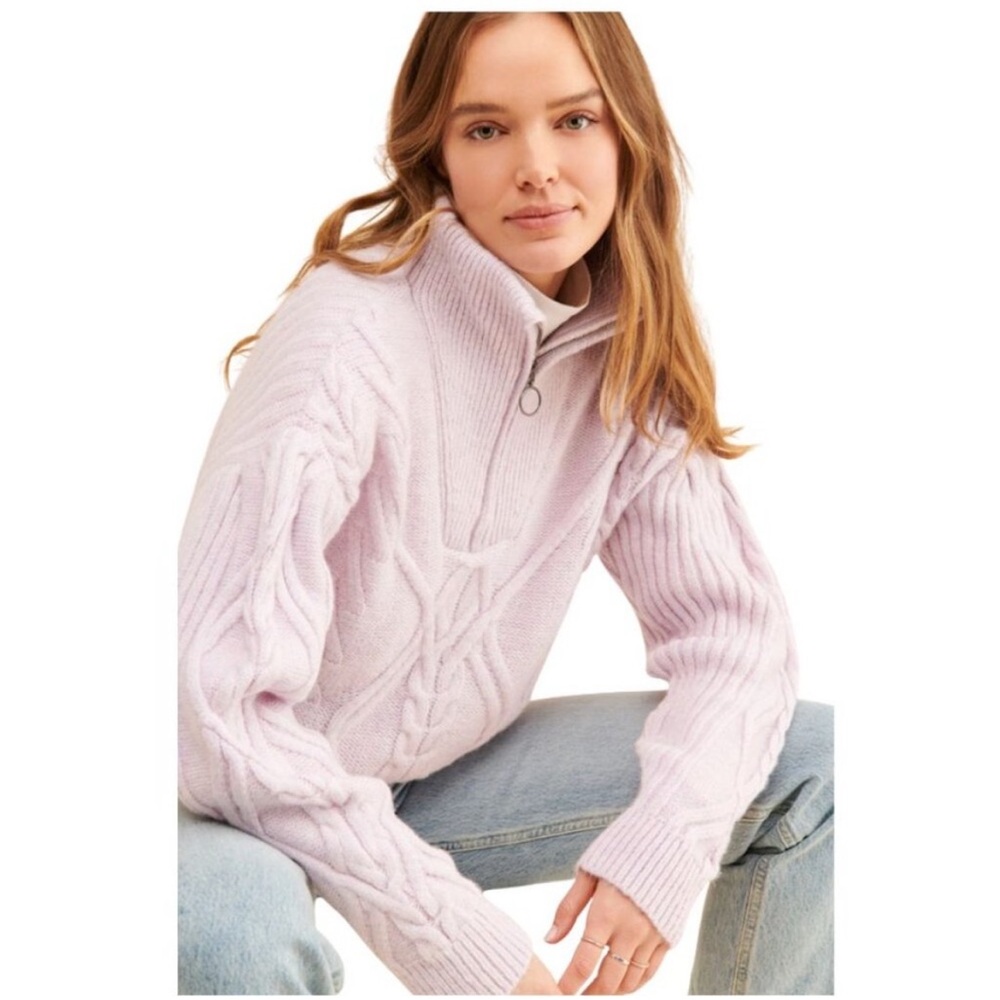 Anthro Daily Practice Cable Knit Quarter Zip Sweater Lavender Medium Cozy